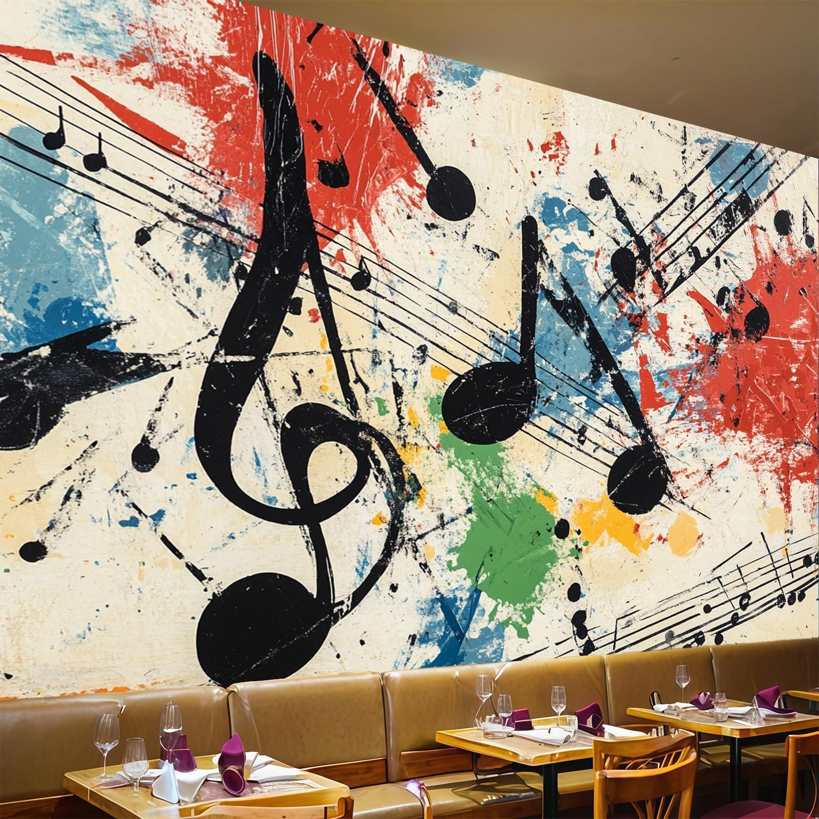 Fotomurales Notas musicales y pentagramas 400 x 280 cm papel pintado no tejido decoración pared negro moderna salón dormitorio habitación infantil