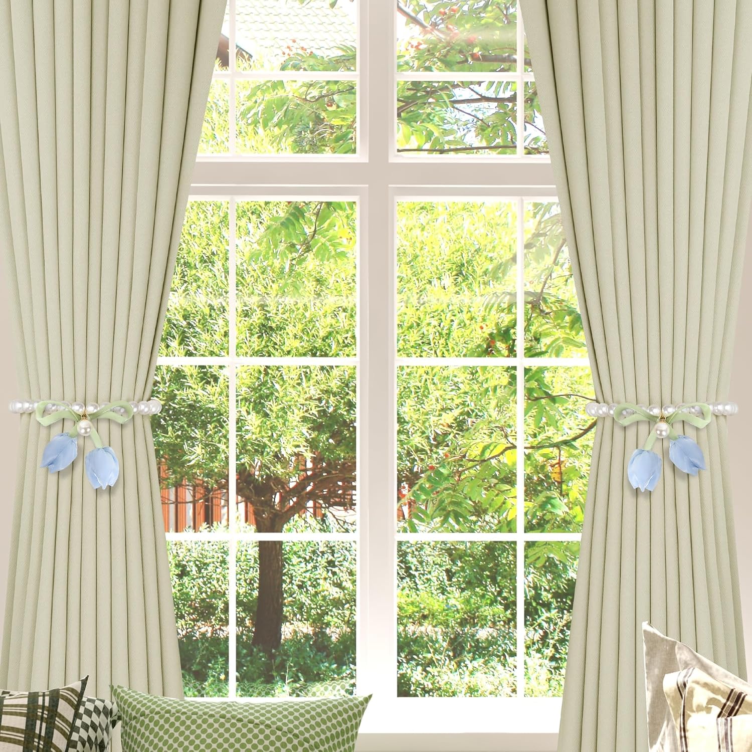 Meplait 2 Pack Magnetic Curtain Tiebacks, Curtain Holdbacks with Tulip Flower & Pearl Adjustable No Drill Curtain Tie Backs for Living Room Bedroom Baby Nursery Home Decor (Blue)