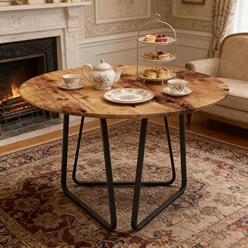 Round Dining Table 90cm, Small Kitchen Table Wooden Industrial Style Circle Table with Black Metal Legs, Rustic Brown