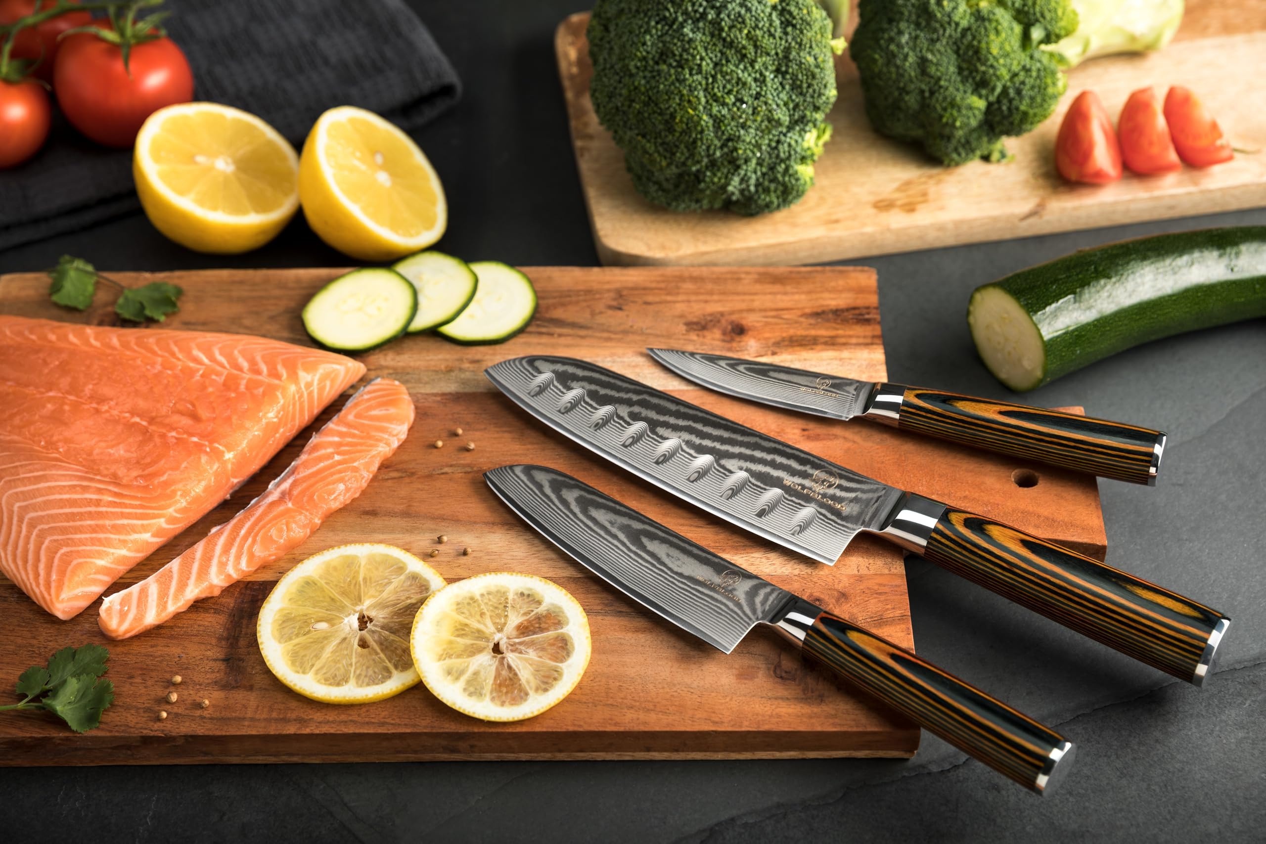 Wolfblood zestaw 3 noży Santoku ze stali damasceńskiej 67 warstw (30, 24 i 20 cm) | Profesjonalne noże kuchenne VG10 | Noże Santoku, nóż do obierania, pudełko na prezent i osłona ostrza