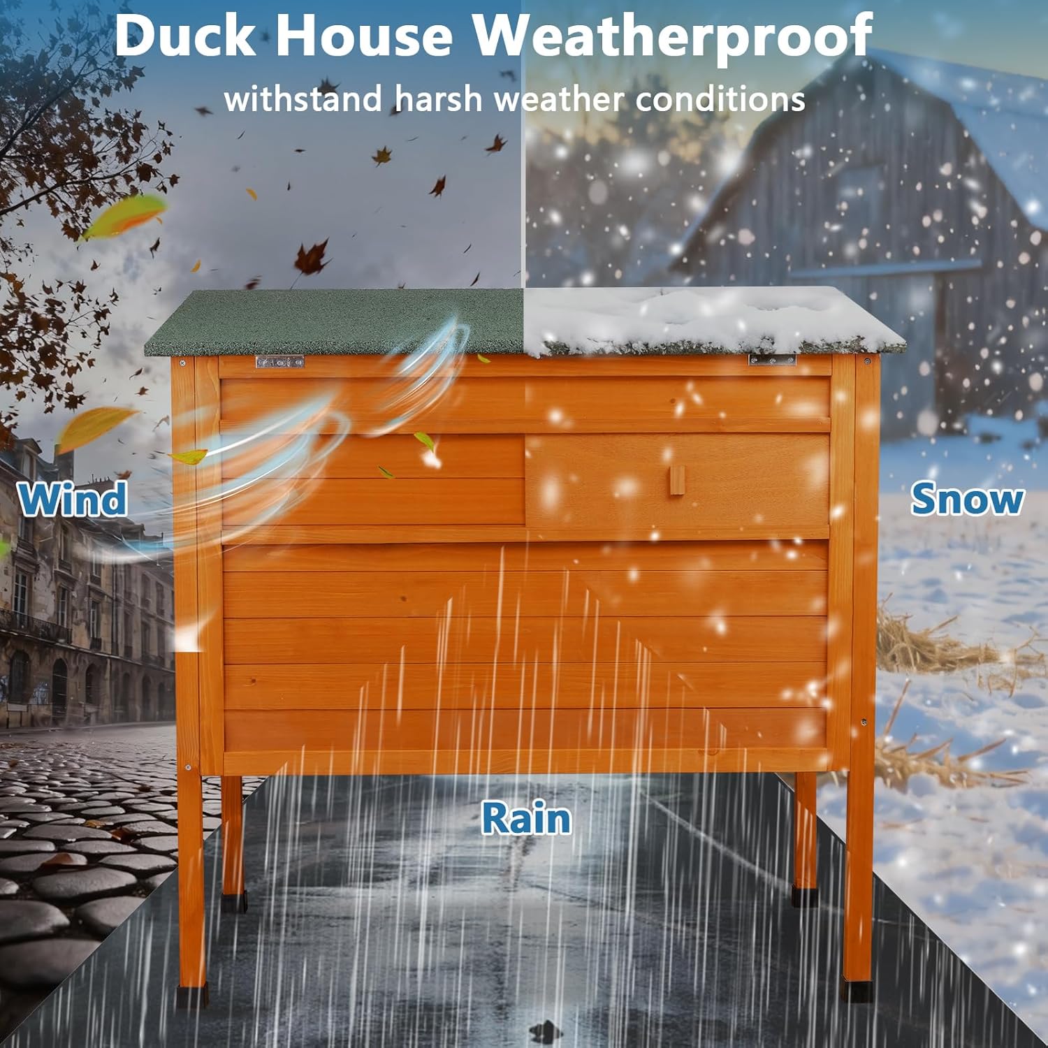 Duck Coop Outdoor Weatherproof Wooden Duck House for Outside Small Animal Pet Hutch with Asphalt Roof Elevated Legs Pull-Out Tray Suitable for Other Poultry Chickens & Quails