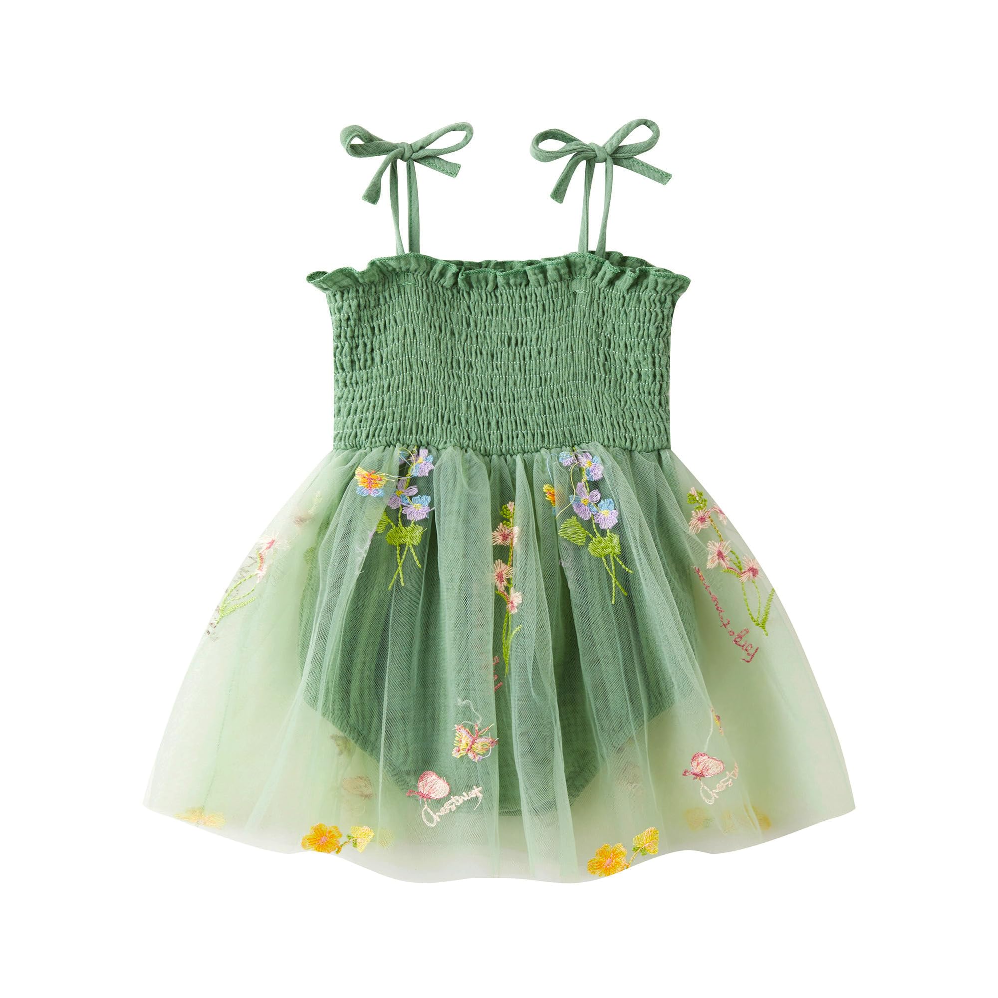 DLLYING 1st First Birthday Outfit Girl Baby Summer Sleeveless Smocked Fairy Berry Sweet 1 One Year Old Onesie Bodysuit Romper Tulle Dress + Headband Cake Smash Photo Shoot Clothes Green 1 Year