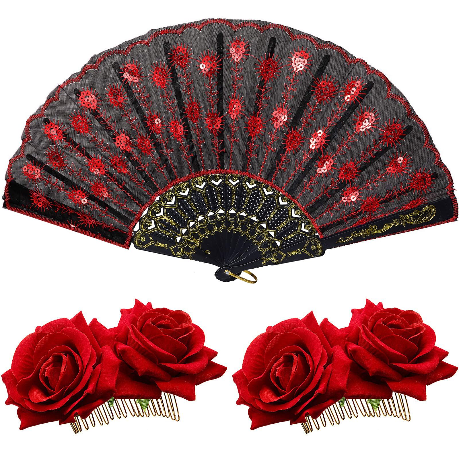 Patelai 2 Pcs Rose Flower Hair Clip Fan Flamenco Accessories Women,Red