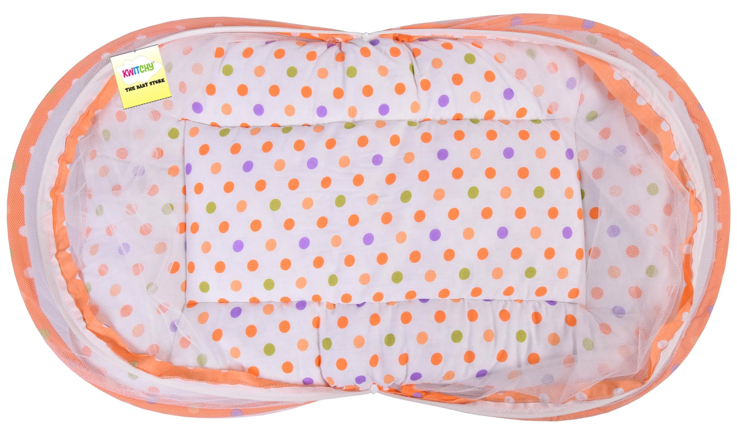 Kwitchy Baby Bed with Mosquito Net New Born Baby Bedding Set | Folding Bed | Toddler Mattress | Cotton | Gadda Set | Travel Beds | Boys & Girls | Gift Pack (0-6 M) Orange 2