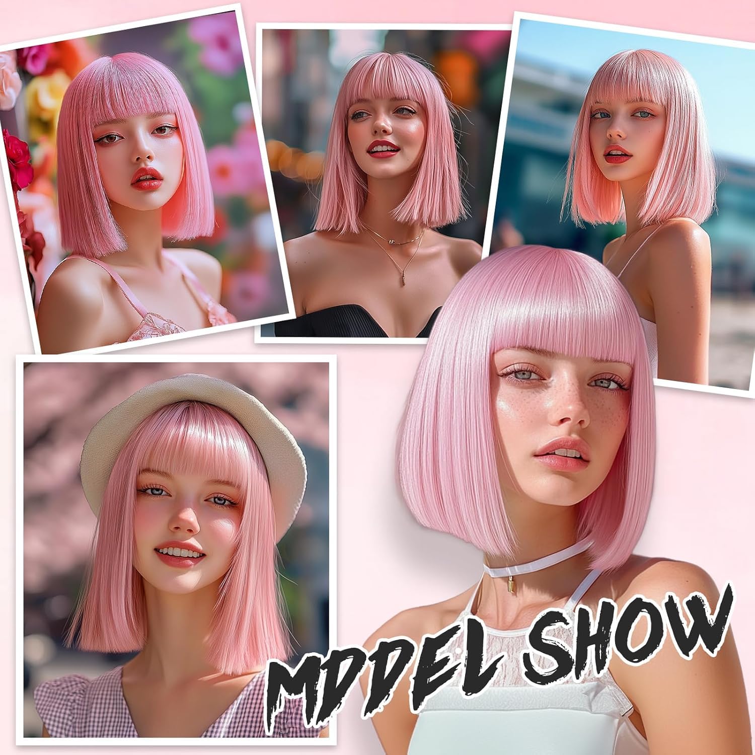 PORSMEER Short Pink Bob Wigs with Fringe Shoulder Length Colorful Wig for Women Girls Heat Resistant Synthetic Straight Hair Wig for Cosplay Halloween Party 14 Inch 35cm - Image 4