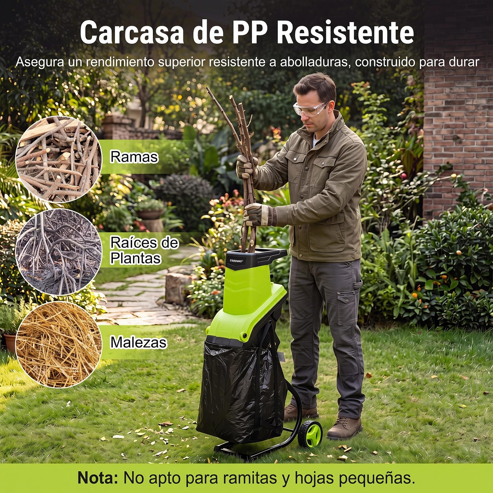 COSTWAY 2500W Trituradora de Ramas con Ruedas, 50 L, Ø 45 mm (Verde) | Biotrituradora Eléctrica,Relación de Reducción 21:1, Paleta de Empuje para Jardín