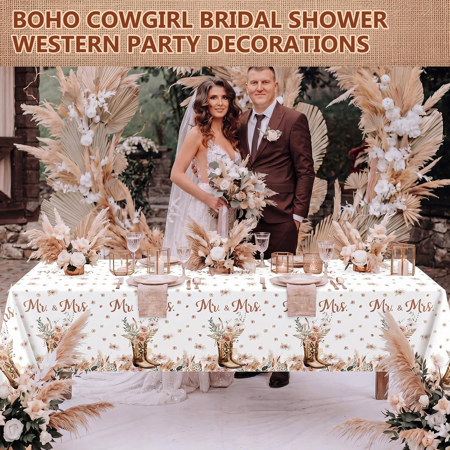 Yungyan 3 Pcs Boho Cowgirl Wedding Plastic Tablecloth 54 x 108 Inch Cowgirl Bridal Shower Party Supplies Floral Boots Mr and Mrs Table Cover for Country Wedding Reception Engagement Bachelorette Party