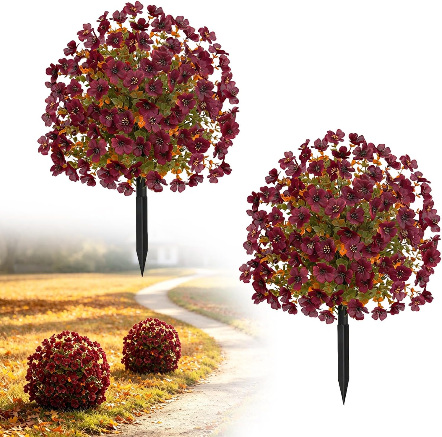 2 Pack Fall Artificial Topiary Ball Trees, UV Resistant Artificial Outdoor Shrubs with Ground Spike, Fake Flower Bushes, Outdoor Artificial Plants for Thanksgiving Harvest Festival Decor (Dark Red)