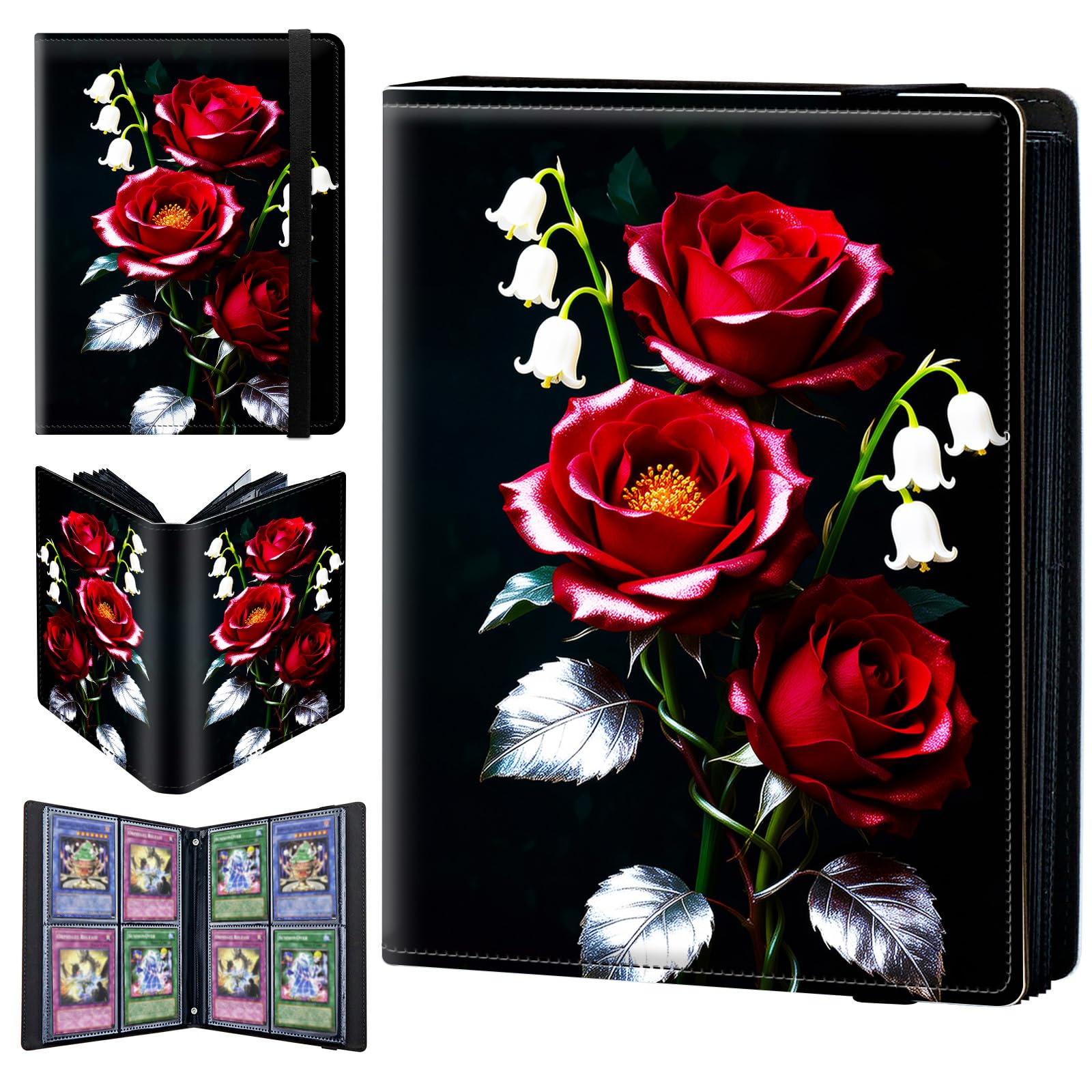 4 Pocket Trading Card Binder 160 Side Loading Pocket Album with Red Roses Flowers Pattern Design Card Binder for Sports Cards & Game Cards