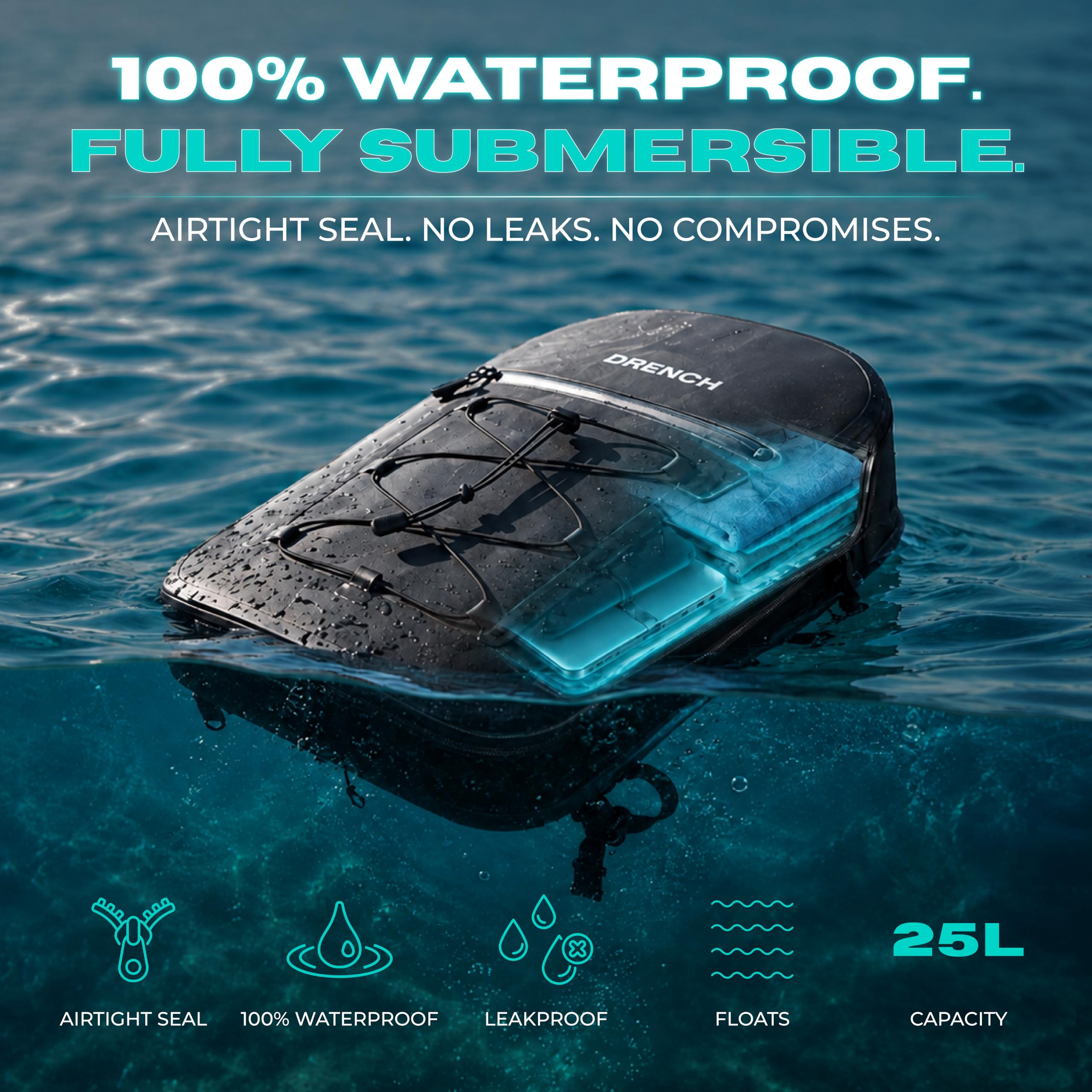 DRENCH Sac à dos 100 % étanche 25 L | Sac étanche IPX8 entièrement submersible avec joint hermétique | Sac à dos de voyage flottant pour ordinateur portable de 16" | Système de boucle pour la pêche