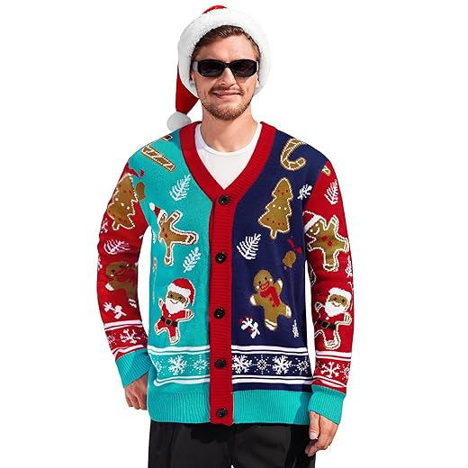 Arvilhill Men's Christmas Cardigan Merry Xmas V Neck Button Knitted Sweater (S-XXL)