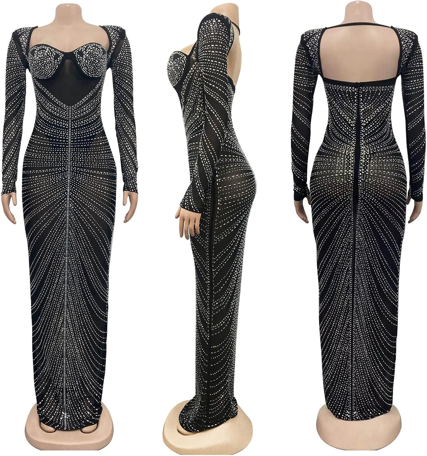 WOKANSE Women's Sexy Club Long Sleeve Rhinestone Zip Mesh Bodycon See Through Maxi Dress - Image 4