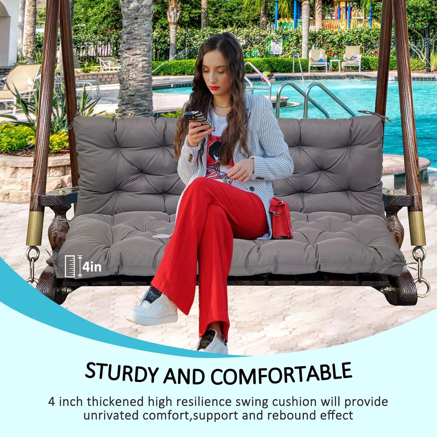 Swing Replacement Cushions for Outdoor: 2-3 Seater Bench Waterproof Cushion with Ties - 4in Thick Swing Cushion for Garden Furniture Patio Porch