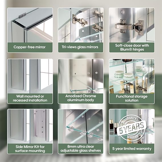 Bathroom Medicine Cabinet with Mirror, Bathroom Cabinet with Adjustable Glass Shelves, Anodized Chrome Aluminum Mirror Cabinet, Reverse Door Installation, Wall or Recessed Mount, 48 x 30