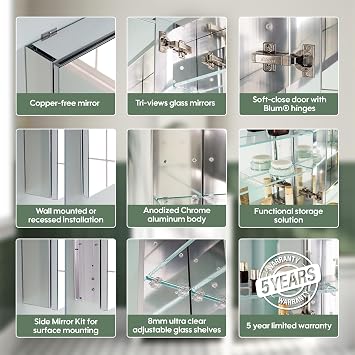 Bathroom Medicine Cabinet with Mirror, Bathroom Cabinet with Adjustable Glass Shelves, Anodized Chrome Aluminum Mirror Cabinet, Reverse Door Installation, Wall or Recessed Mount, 48 x 30