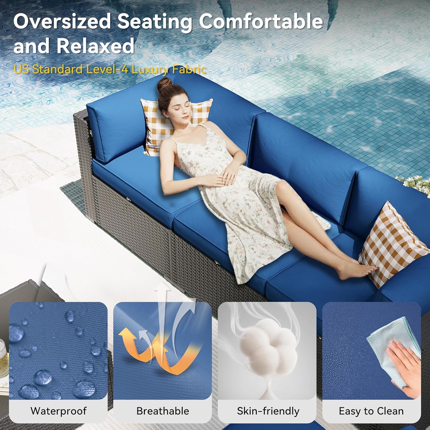 Aoxun Patio Furniture Set, 7 Piece Outdoor Sectional Sofas with Waterproof Cover, Wicker Rattan Outdoor Furniture Patio Conversation Set for Backyard, Garden Navy Blue