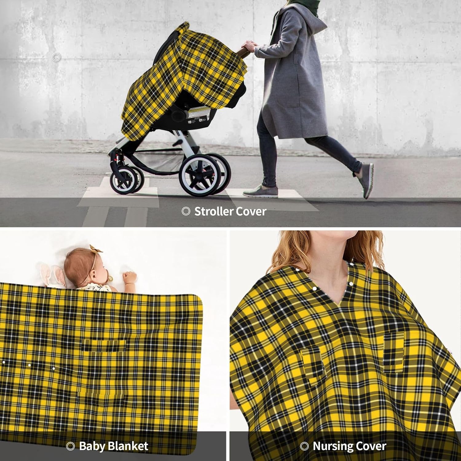 Yellow Black Tartan Plaid Baby Car Seat Cover & Breastfeeding Nursing Cover - Breathable Stretch Fabric Multi-Use Nursing Cover for Breastfeeding