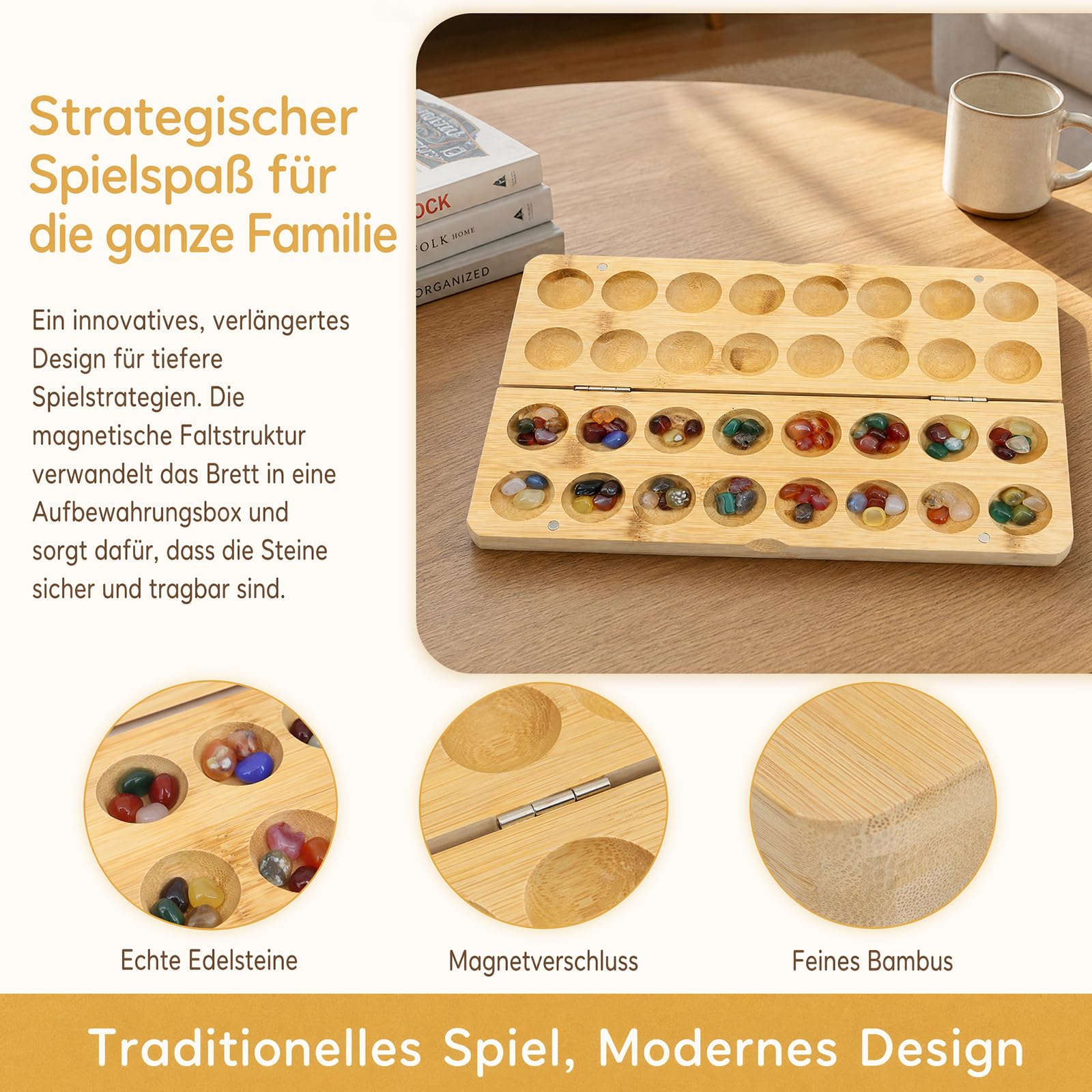 Scettar Steinchenspiel, Kalaha, Edelsteinspiel aus hochwertigem Holzbrett – faltbar, mit Beutel und 65 bunten Steinen, trainiert Strategie und Logik, Geschenk für Erwachsene und Familien