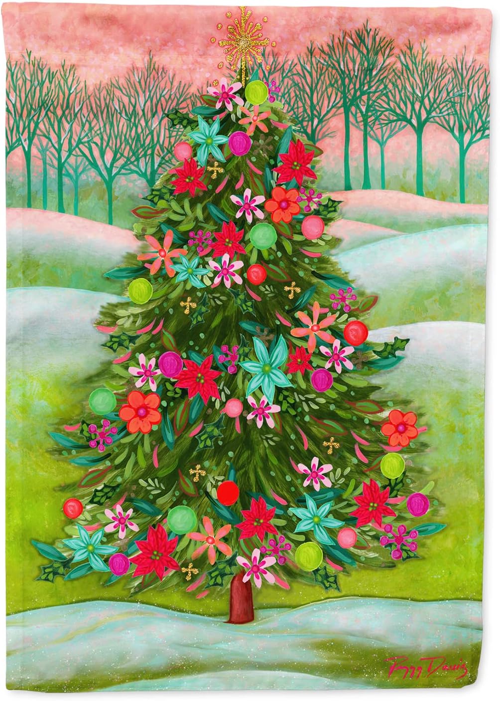 Caroline's Treasures PPD3007CHF Poinsetta Oh Christmas Tree House Flag Large Porch Sleeve Pole Decorative Outside Yard Banner Artwork Wall Hanging, Polyester, House Size, Multicolor
