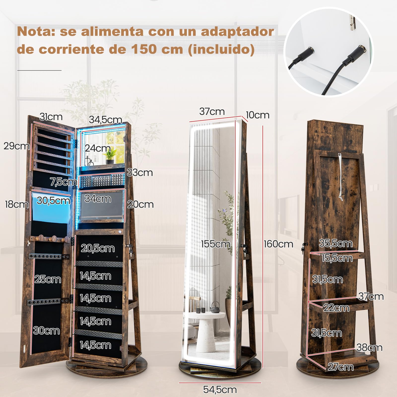 COSTWAY Armario Joyas Gabinete Joyería Pie Luces LED 4 en 1 Espejo Joyero Multiuso Cerradura Base Giratoria 360°