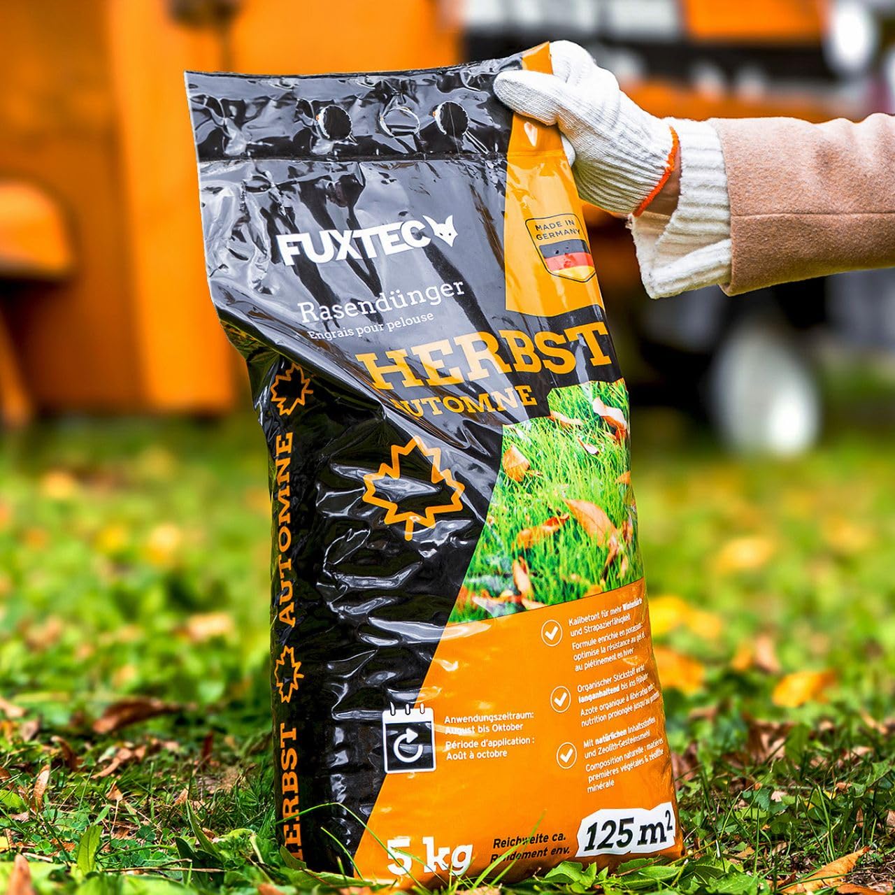 FUXTEC Abono césped alto en potasio FX-RDH20 • 20 kg hasta 500 m² • Ideal para otoño e invierno • Refuerza contra heladas • Liberación controlada • Fabricado en Alemania