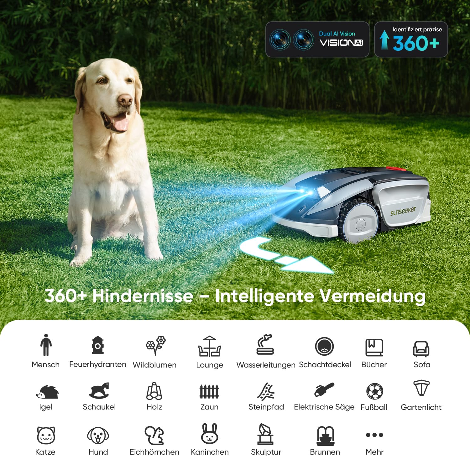 Sunseeker Robot cortacésped S5 AWD sin Cable de limitación 1600㎡, RTK + Vision Robot cortacésped con mapeo asistido por IA, Control de aplicación Inteligente, inclinación del 60%