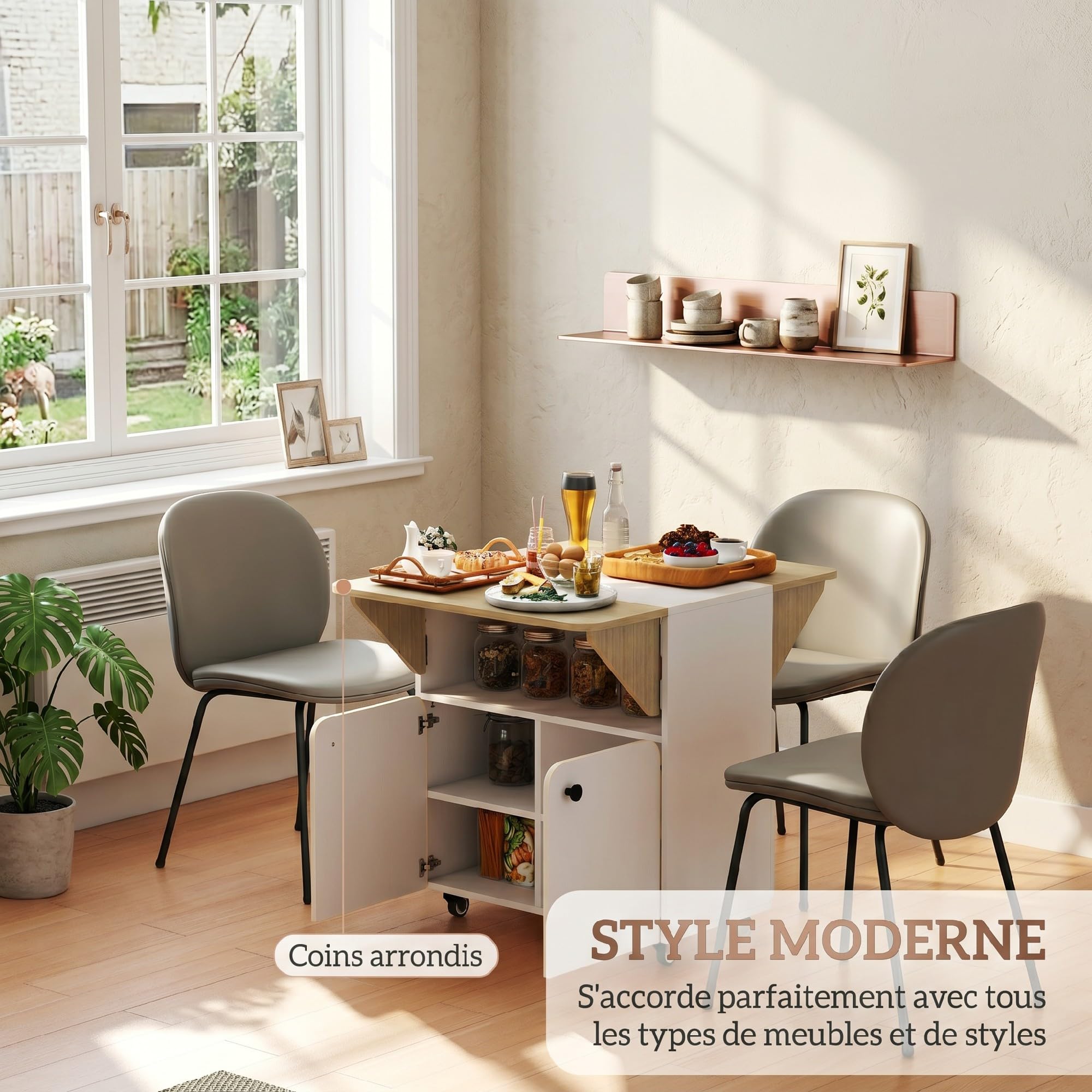 HOMCOM Table à Manger Pliante sur roulettes Étagère 70x83x75 cm Blanc