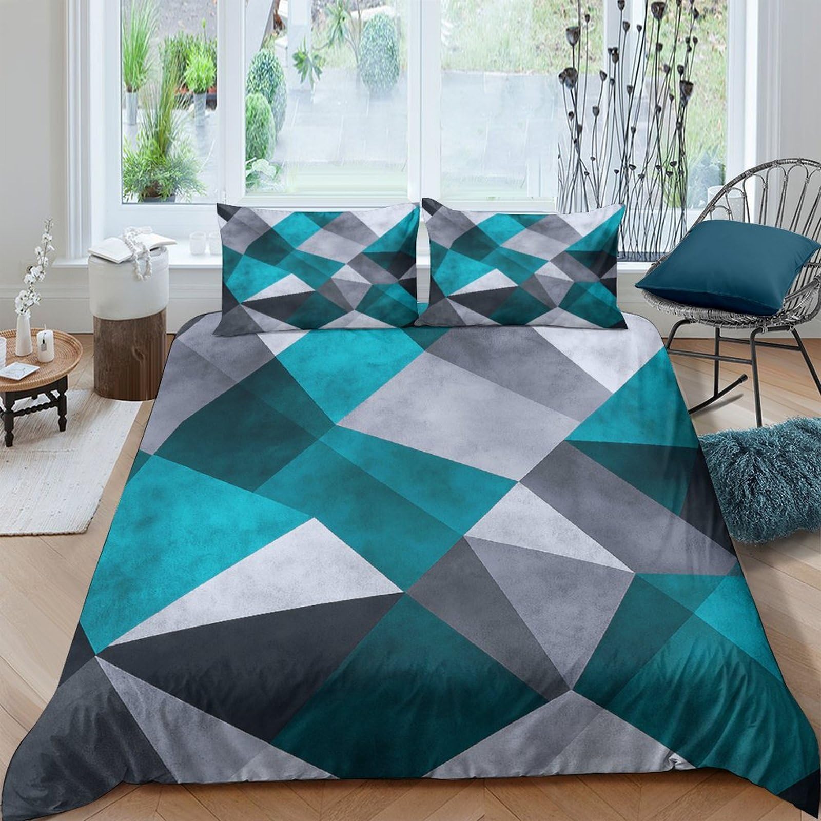 GPLZQXKJNH 3D Printed Geometric Teal Pattern Duvet Cover Microfiber Bedding Set with 2 Pillowcases, Modern Triangle Quilt Cover for Bedroom Decor Single（135x200cm）