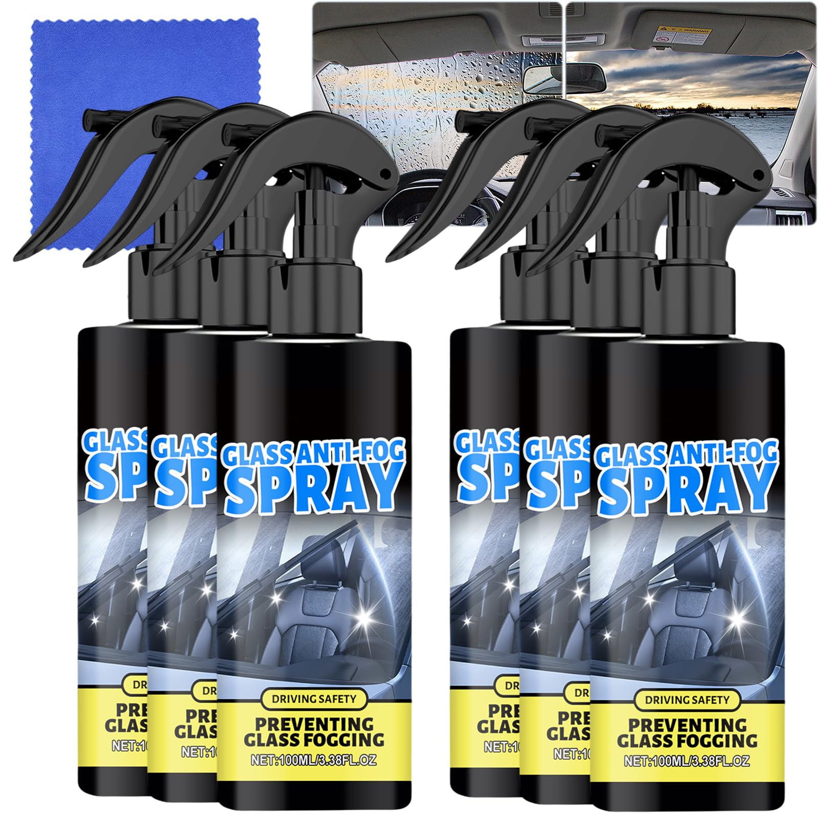 Spray przeciwmgielny do szyb samochodowych i szyb, wodoodporny spray odmgławiający dla wyraźnego widzenia, długotrwała hydrofobowa powłoka do szyb wewnętrznych/zewnętrznych, luster i (6 sztuk)