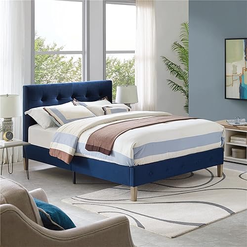 Classic Brands J00104-4405 Seattle Modern Tufted Upholstered Platform Bed | Headboard and Wood Frame with Wood Slat Support, Queen, Antonio Sapphire