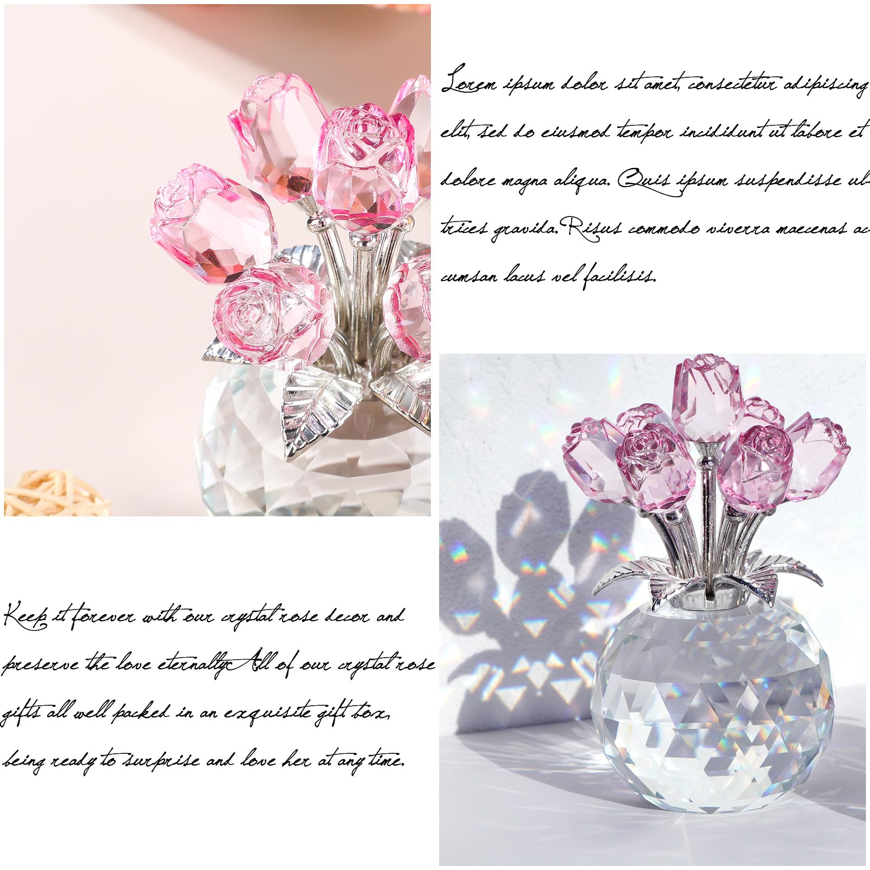 Crystal Rose Bouquet Flower Figurine Pink Rose Gifts for Women Her on Valentine's Day Mother's Day Christmas, Rose Collectible Floral Glass Ornaments