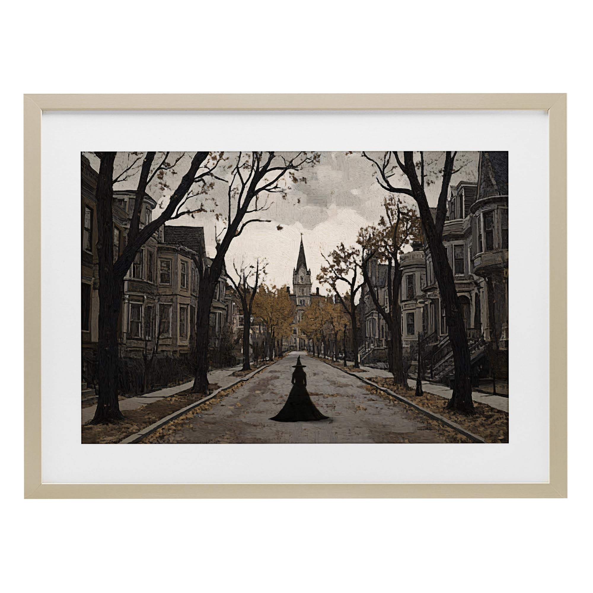 Stupell Industries Harvest Pine (Textured) 'Witch Strolling Town Streets'| Framed Print Under Glass