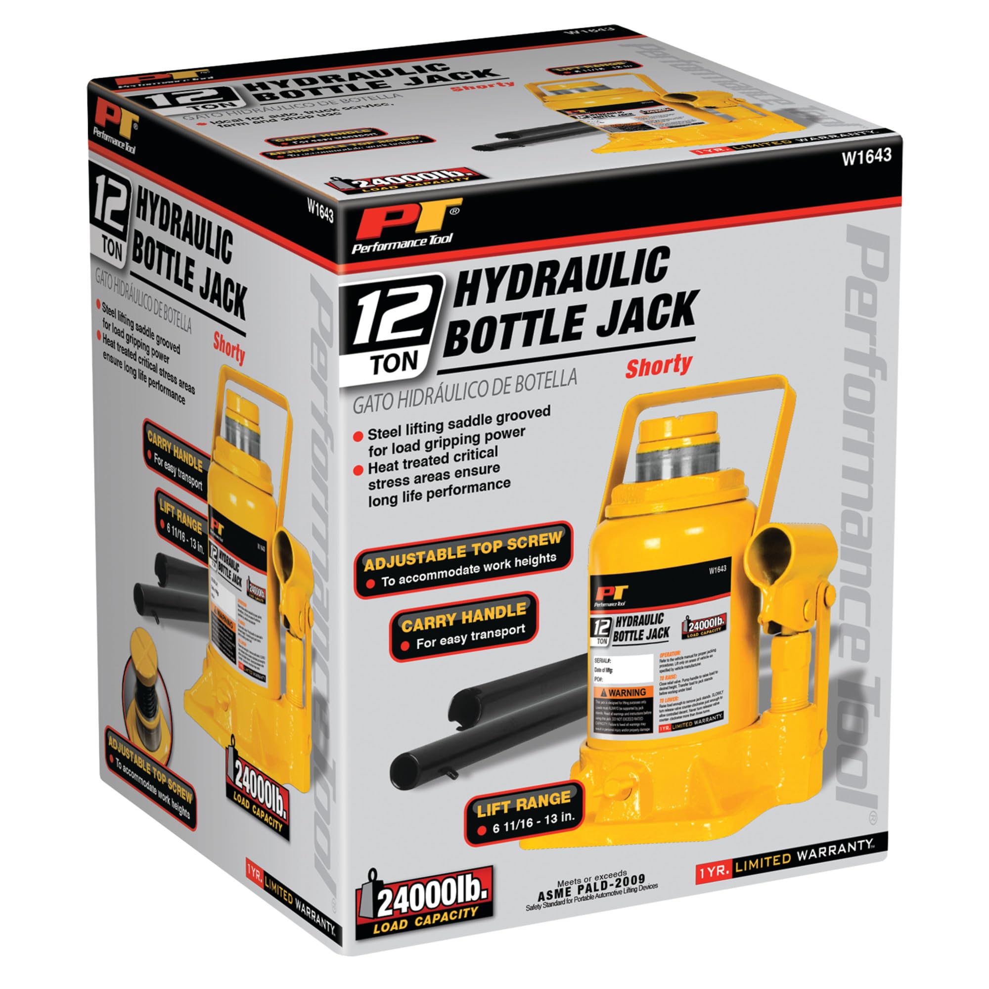 Performance Tool W1643 - Gato de botella corto resistente para mantenimiento del vehículo, capacidad de 12 toneladas (24 libras)