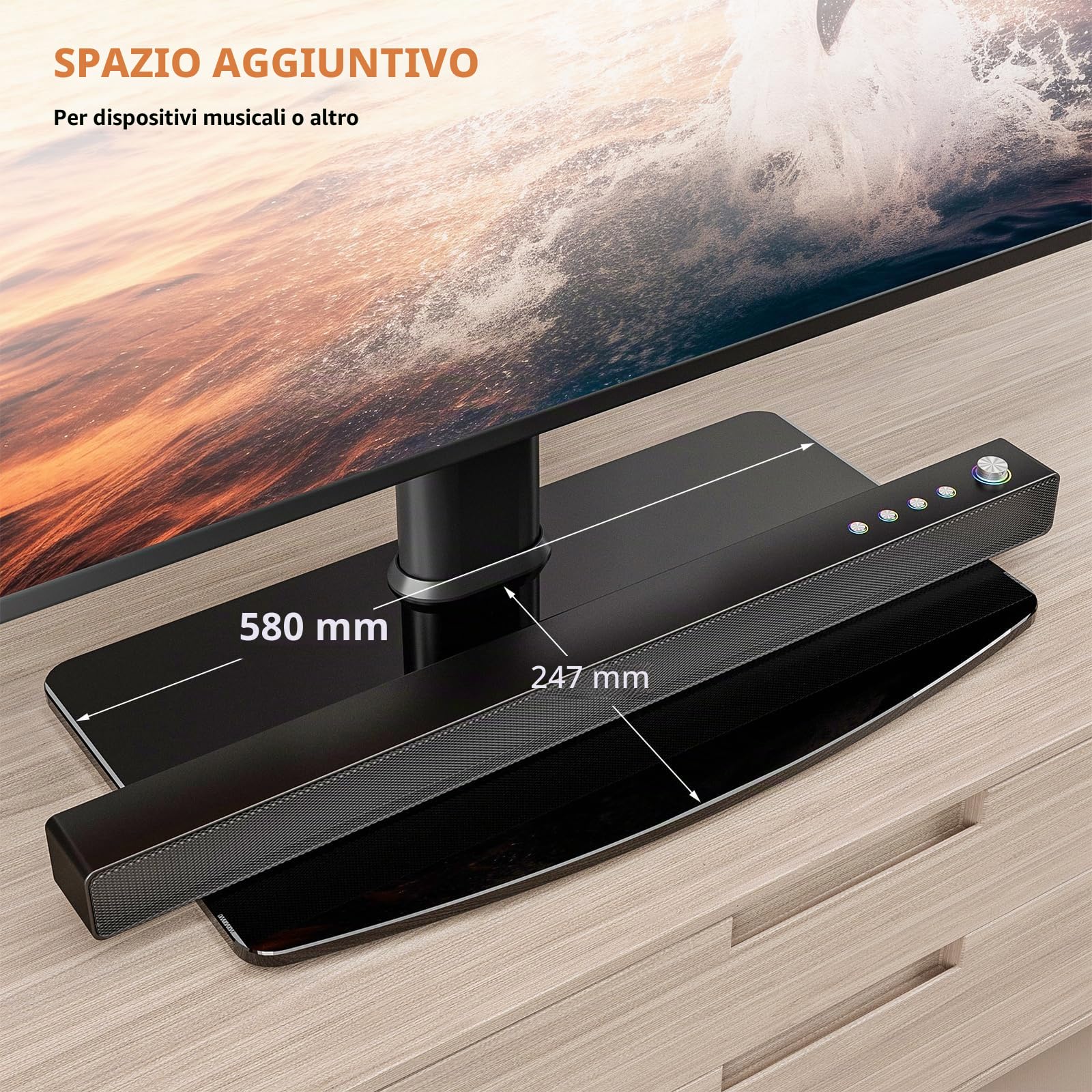 Hemudu Supporto TV da Tavolo, Piedistallo TV Universale per 40 a 86 pollici, Staffa TV Regolabile in Altezza a 5 livelli, Base in Vetro Temperato ad Alta Resistenza, MAX 60 kg, VESA Massimo 600x400 mm