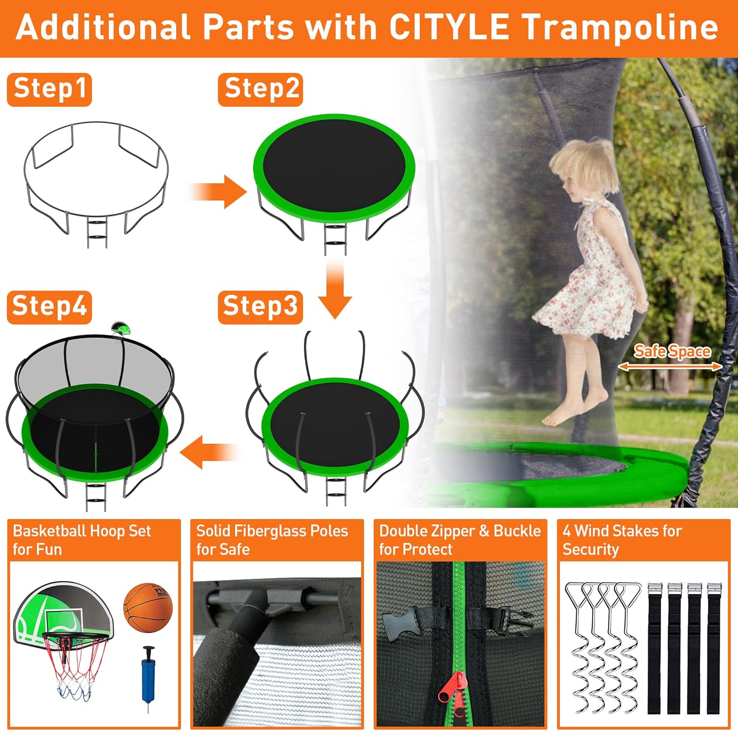 1500LBS Capacity No-Gap Design 8 10 12 14 15 16 FT Recreational Jumper with Enclosure Net, Wind Stakes & Basketball Hoop, ASTM Approved, Perfect for Kids & Adults Family Outdoor Backyard Fun