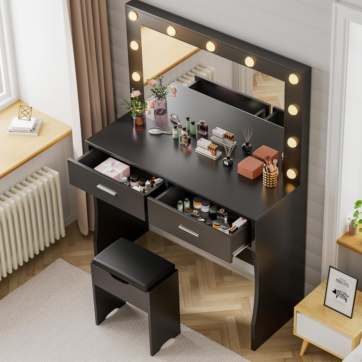YESHOMY Vanity Desk with Mirror, Power Outlet and 11 Lights, Makeup Table with 2 Drawers, 3 Color Modes Available for Bedroom, Ash Black