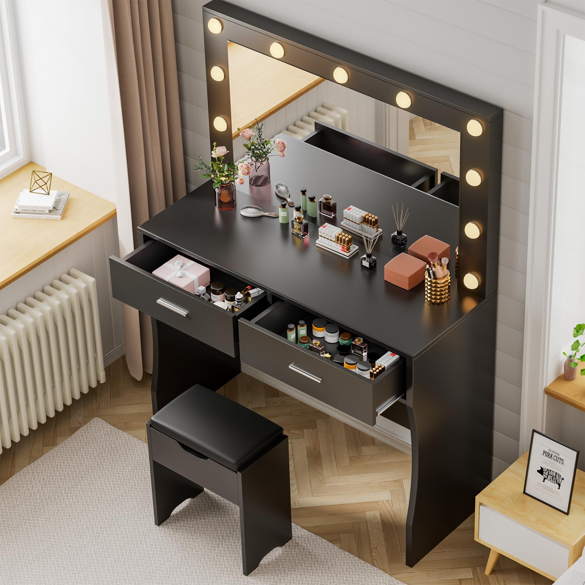 YESHOMYVanity Desk with Mirror, Makeup Table with 11 Adjustable LED Lights and 2 Spacious Drawers, Soft-Padded Storage Stool, 3 Lighting Modes with Control, for Bedroom, Black