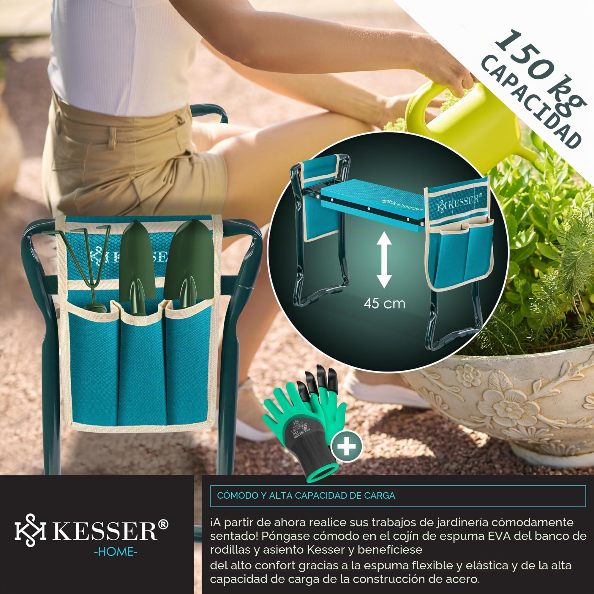 KESSER® 2 en 1 XXL - Banco para Rodillas para Trabajos de jardín, Acolchado de Espuma EVA, Plegable, Incluye 2 Bolsas de Herramientas, 60 x 50 x 27 cm, hasta 150 kg, Azul/Beige