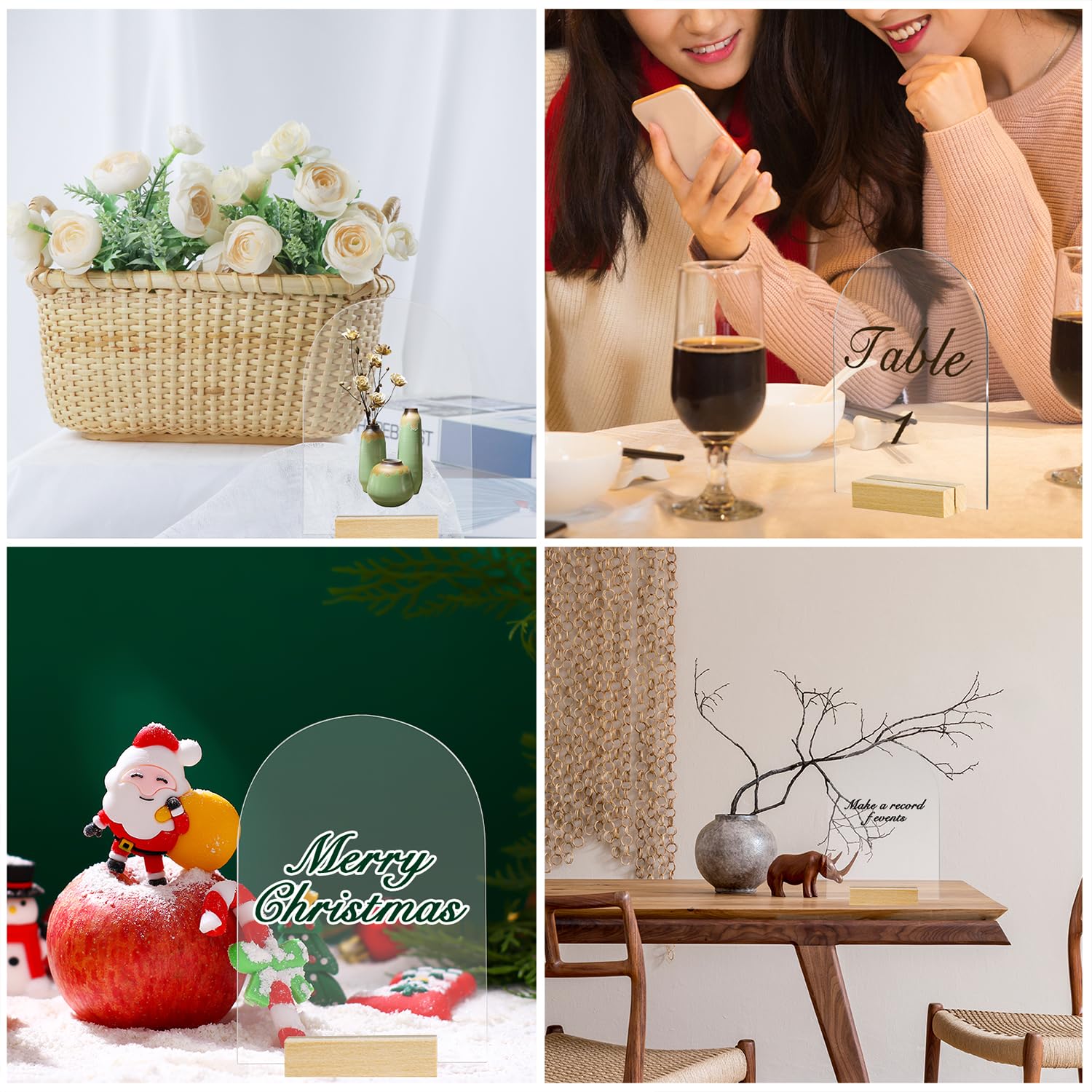 NQEUEPN 20 Panneaux Acryliques Transparents avec Supports en Bois, Dôme Arqué de 14x10cm, Panneau de Table Présentoir de Table Numéros de DIY pour Décoration de Mariage Événement Fête