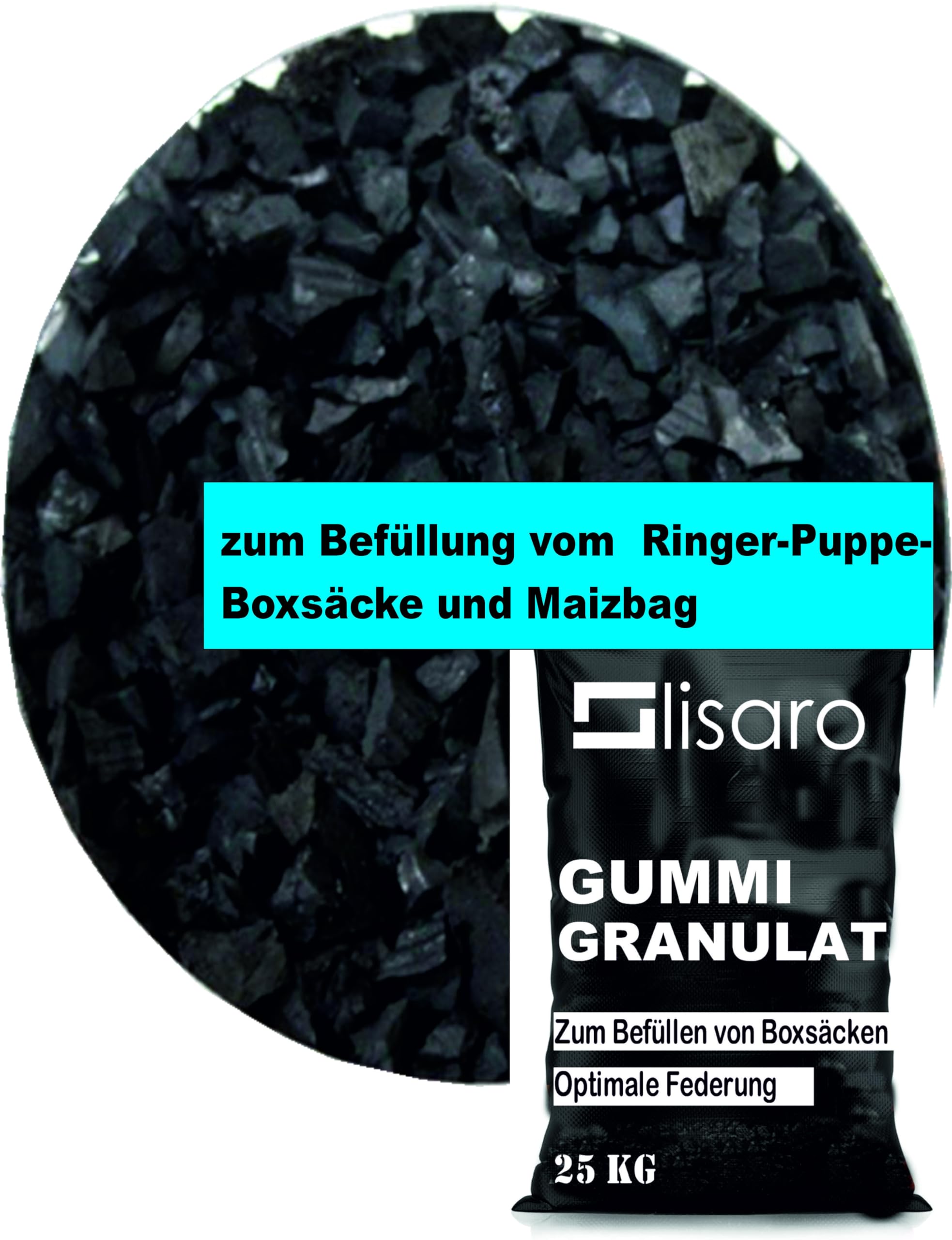 Lisaro Rembourrage en granulés de caoutchouc pour sac de frappe | 25 kg noir – Matériau de remplissage fabriqué en Italie et en Allemagne | Garnissage factice – Remplissage de poire de maïs –