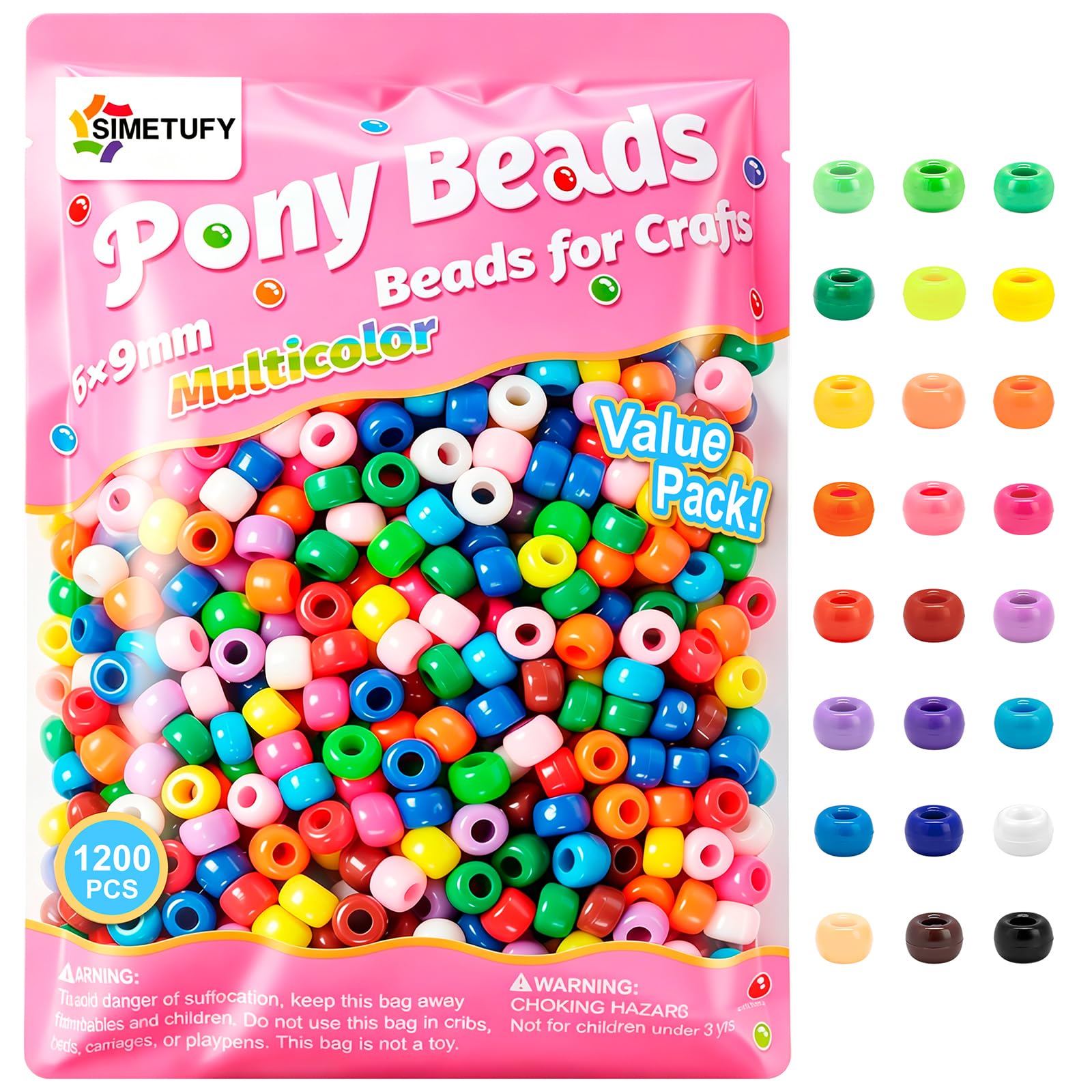 Simetufy 1200 Pcs Pony Beads Plastic Beads for Bracelet Making, Multi-Colored Beads for Hair Braiding, DIY Crafts, Kandi Jewelry, Key Chains and Ornaments Decorations 24 Assorted Colors