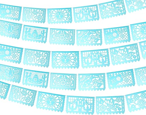 WS900 - Banderas de papel picado, 5 unidades de papel de seda azul aguamarina de más de 60 pies, bonitas pancartas para bodas, quinceañeras,