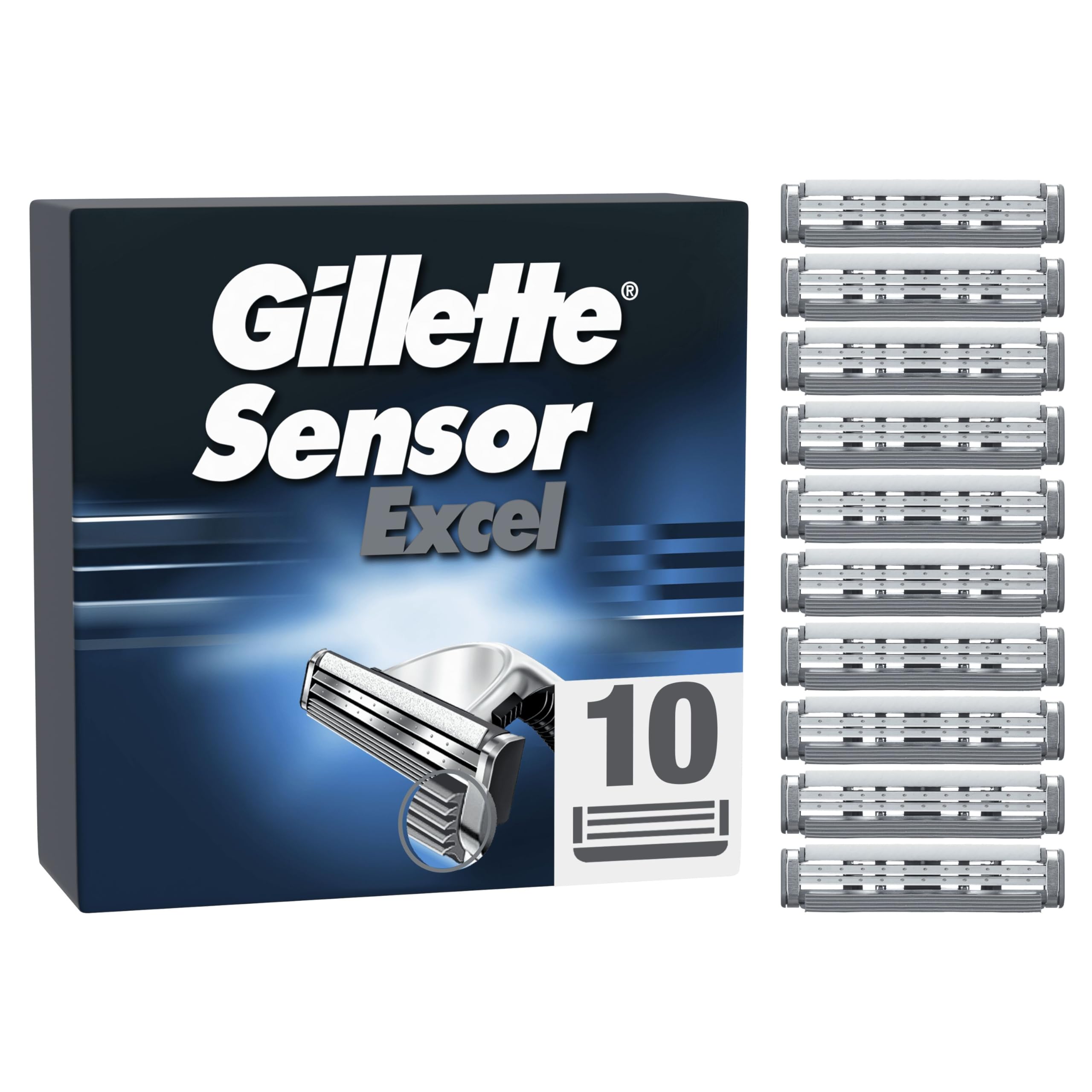 Gillette Sensor Excel, Confezione da 10 Lamette da Barba di Ricambio, Rivestimento in Cromo per Lame che Durano a Lungo
