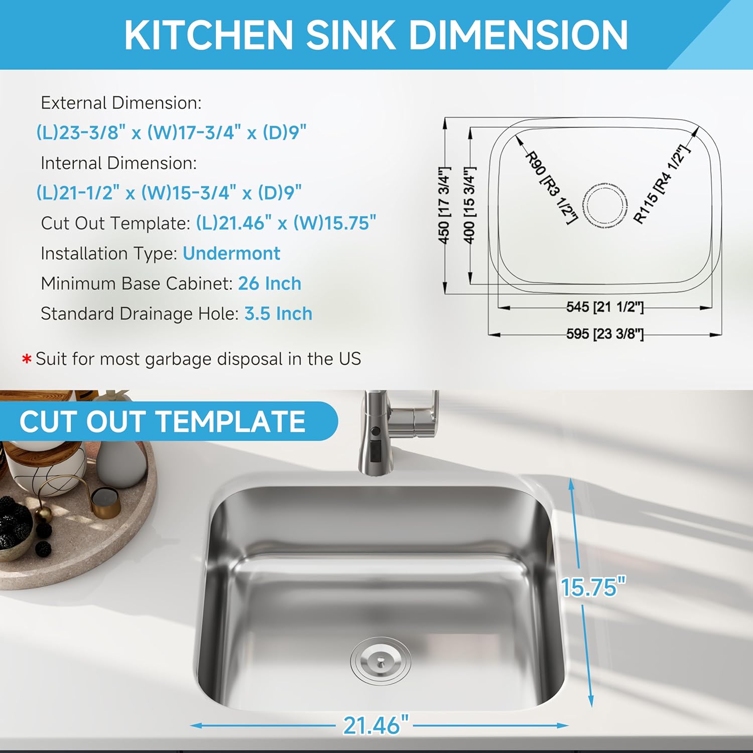 23 Inch Undermount Single Bowl Kitchen Sink, 18 Gauge 304 Stainless Steel Curved Shape Commercial Grade Satin Finish Kitchen Sinks, Strainer Included, 23" x 18" x 9"
