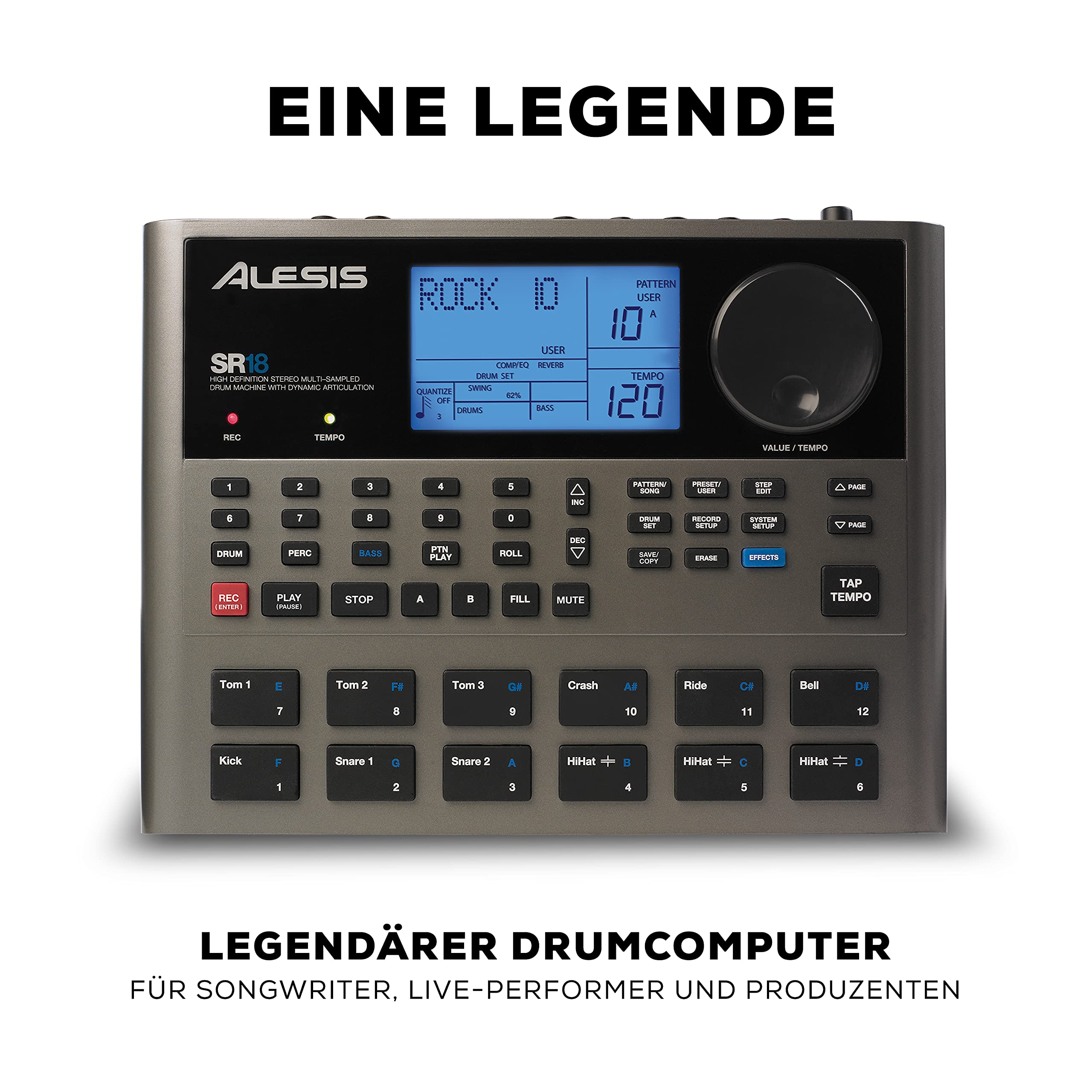 Alesis SR18 - Portables Drum Machine mit Effekten, 175 Preset Patterns und 32MB Samplespeicher mit Percussion Bank und Bass Synth