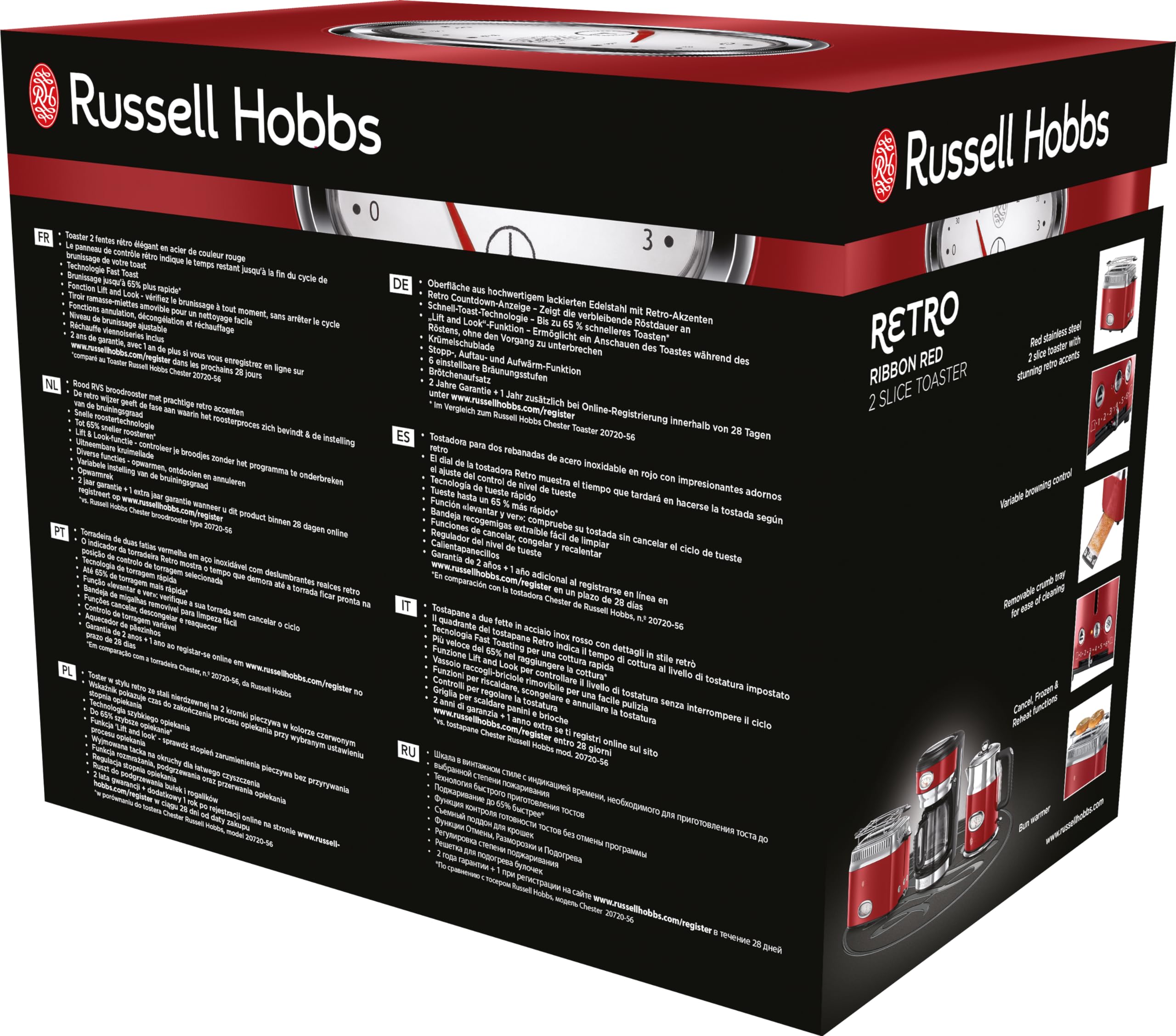 Russell Hobbs Grille Pain (Design Vintage Premium) Retro rouge (2 Tranches, 6 niveaux de brunnissage rapide, Fonction annulation, décongélation et réchauffage Viennoiserie, 1300W) Toaster 21680-56