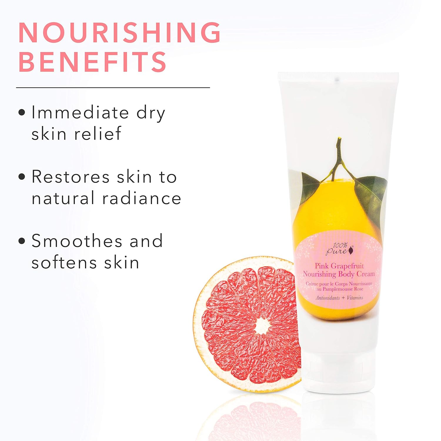 100% PURE Nourishing Body Cream, Pink Grapefruit, Body Lotion for Dry Skin, Anti-Aging, Moisturizing Cocoa Butter, Natural Body Lotion - 8 Fl Oz