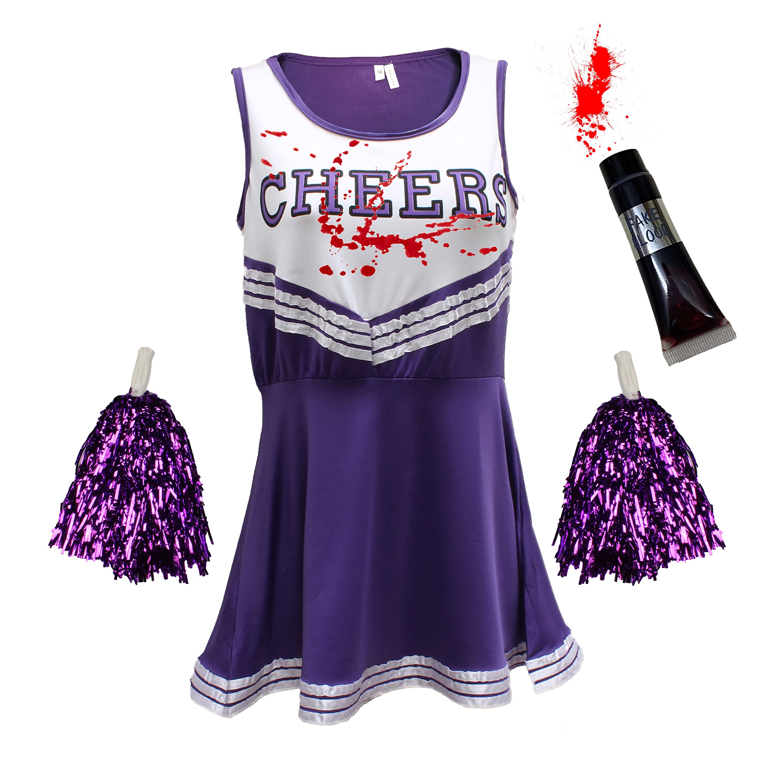 Zombie Cheerleader Halloween Costume for Women - Adult Dead Cheerleader With Blood Tube, Purple XS