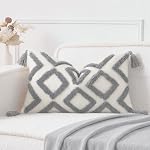 PANOD Super Soft Farmhouse Decorative Plush Throw Pillow Covers 12 x 20 Grey,Solid Diamond Pattern Tufted with Tassels Modern Accent Boho Lumbar Cushion Cover Pillow Case for Couch Sofa