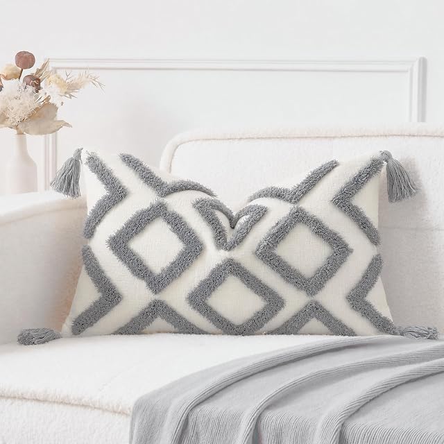 PANOD Super Soft Farmhouse Decorative Plush Throw Pillow Covers 12 x 20 Grey,Solid Diamond Pattern Tufted with Tassels Modern Accent Boho Lumbar Cushion Cover Pillow Case for Couch Sofa